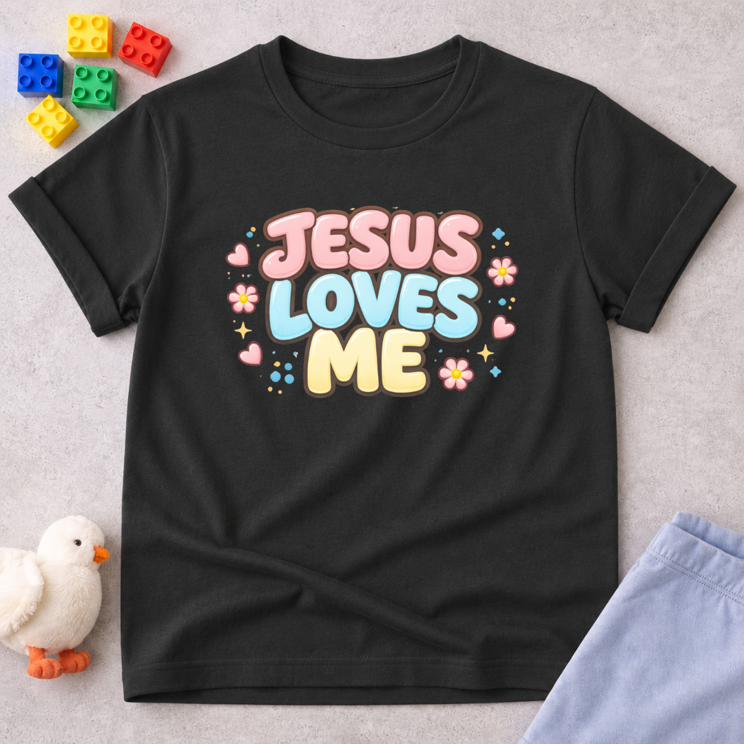 Loved By Jesus Always Christian kids shirt in Black featuring colorful Jesus Loves Me typography