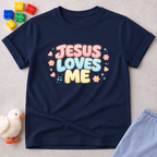 Loved By Jesus Always Christian kids shirt in Navy featuring colorful Jesus Loves Me typography