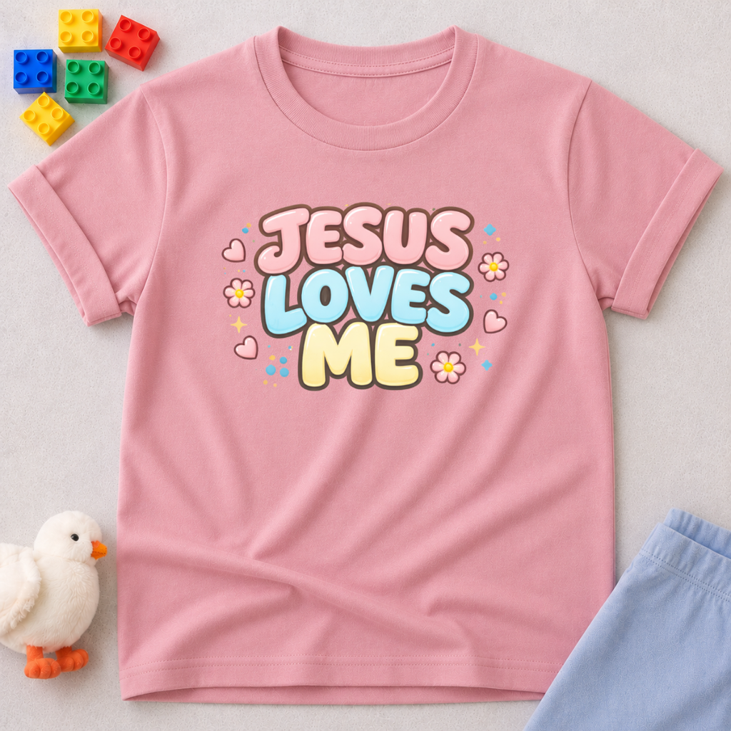 Loved By Jesus Always Christian kids shirt in Pink featuring colorful Jesus Loves Me typography