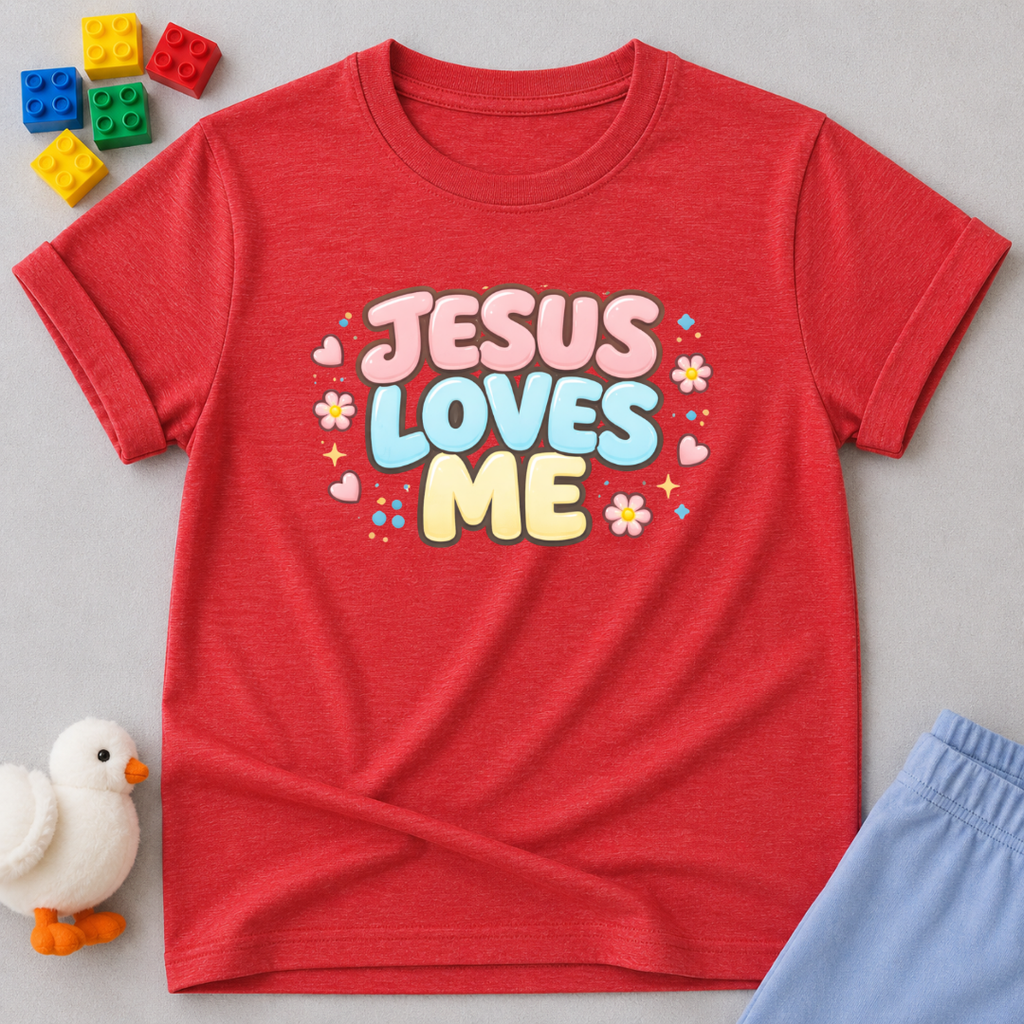 Loved By Jesus Always Christian kids shirt in Red featuring colorful Jesus Loves Me typography
