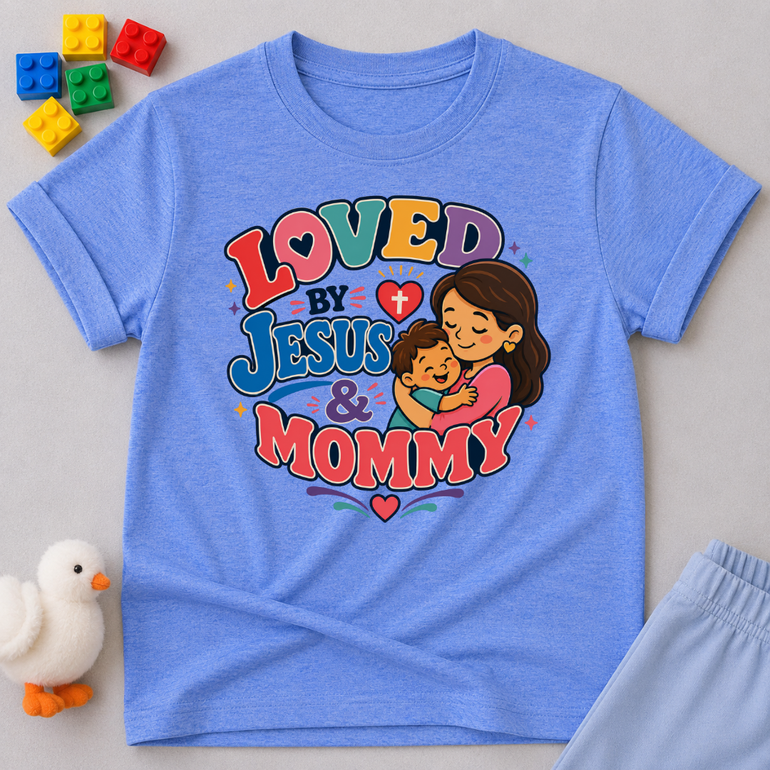 Loved by Jesus & Mommy Christian kids shirt in blue featuring a mother hugging her child with a faith-filled design
