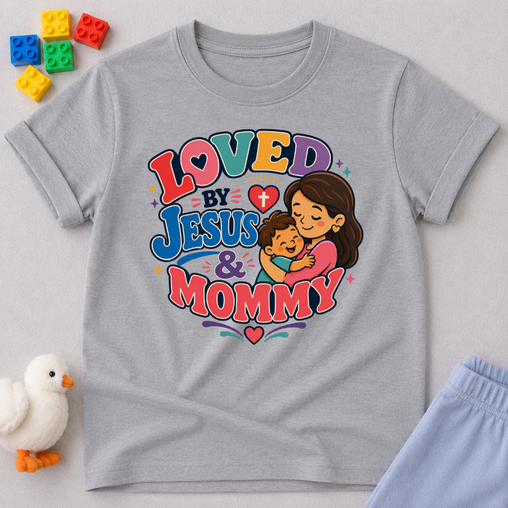 Loved by Jesus & Mommy Christian kids shirt in gray featuring a mother hugging her child with a faith-filled design
