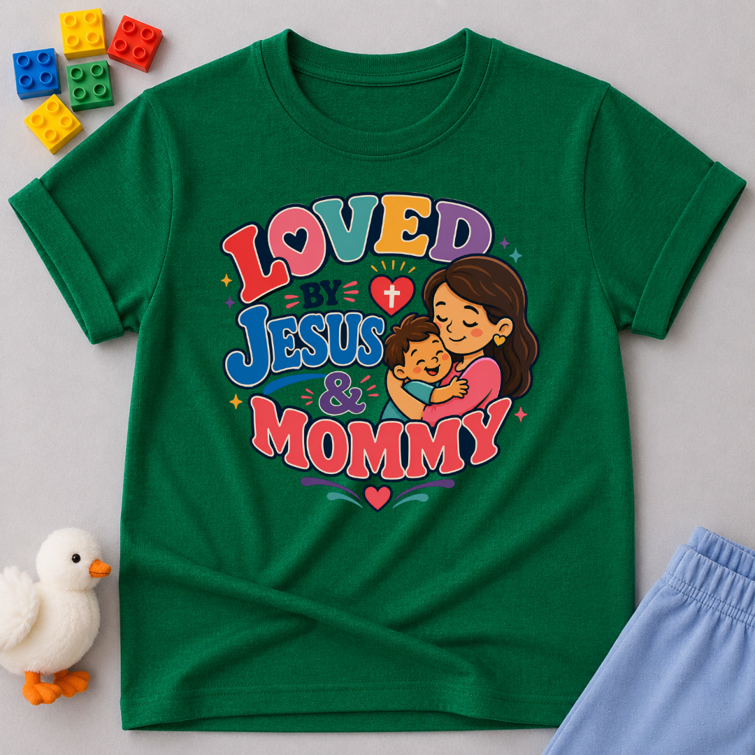 Loved by Jesus & Mommy Christian kids shirt in green featuring a mother hugging her child with a faith-filled design
