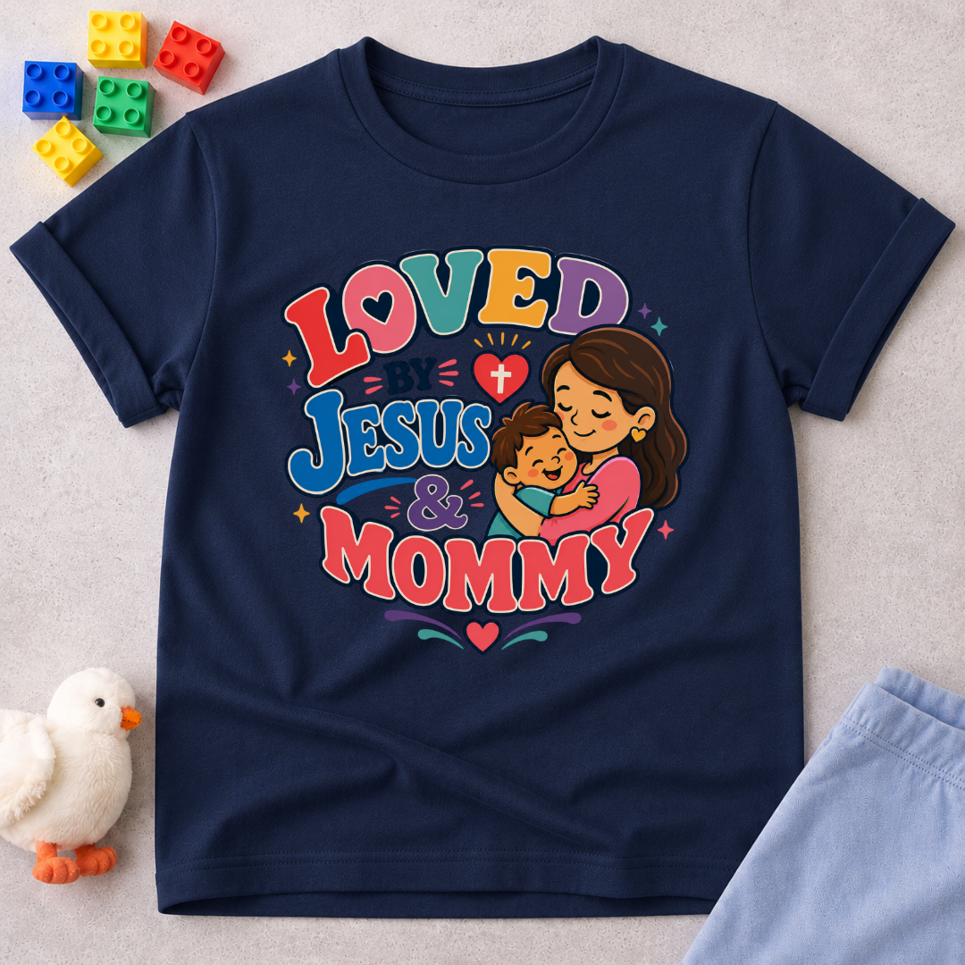 Loved by Jesus & Mommy Christian kids shirt in navy featuring a mother hugging her child with a faith-filled design
