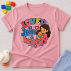 Loved by Jesus & Mommy Christian kids shirt in pink featuring a mother hugging her child with a faith-filled design
