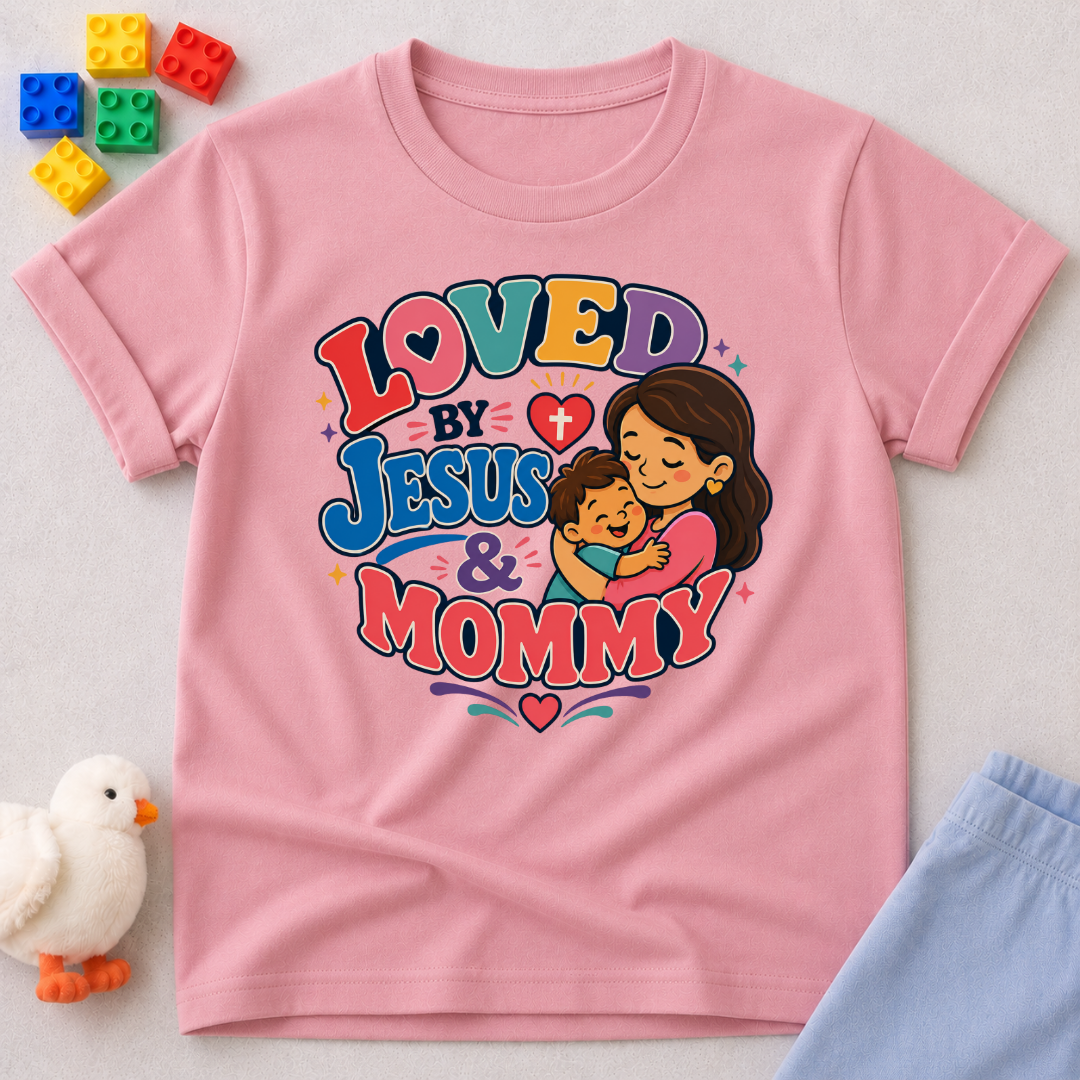 Loved by Jesus & Mommy Christian kids shirt in pink featuring a mother hugging her child with a faith-filled design
