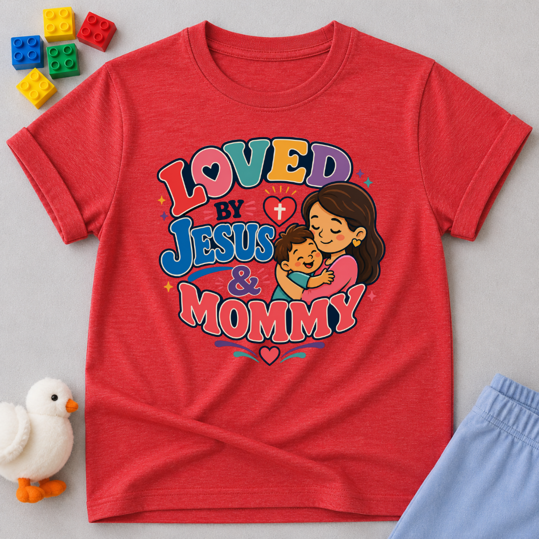Loved by Jesus & Mommy Christian kids shirt in red featuring a mother hugging her child with a faith-filled design
