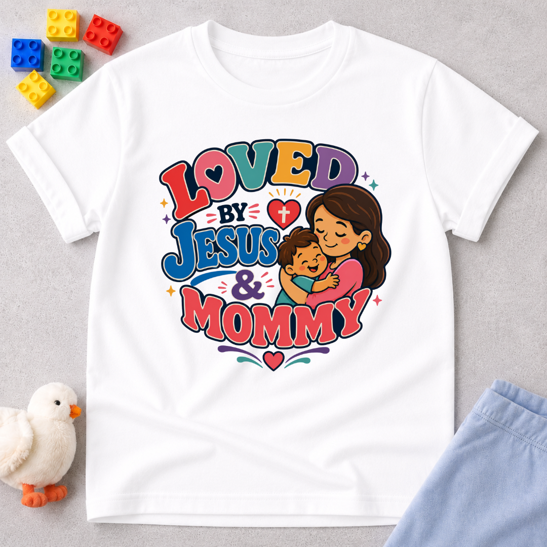 Loved by Jesus & Mommy Christian kids shirt in white featuring a mother hugging her child with a faith-filled design
