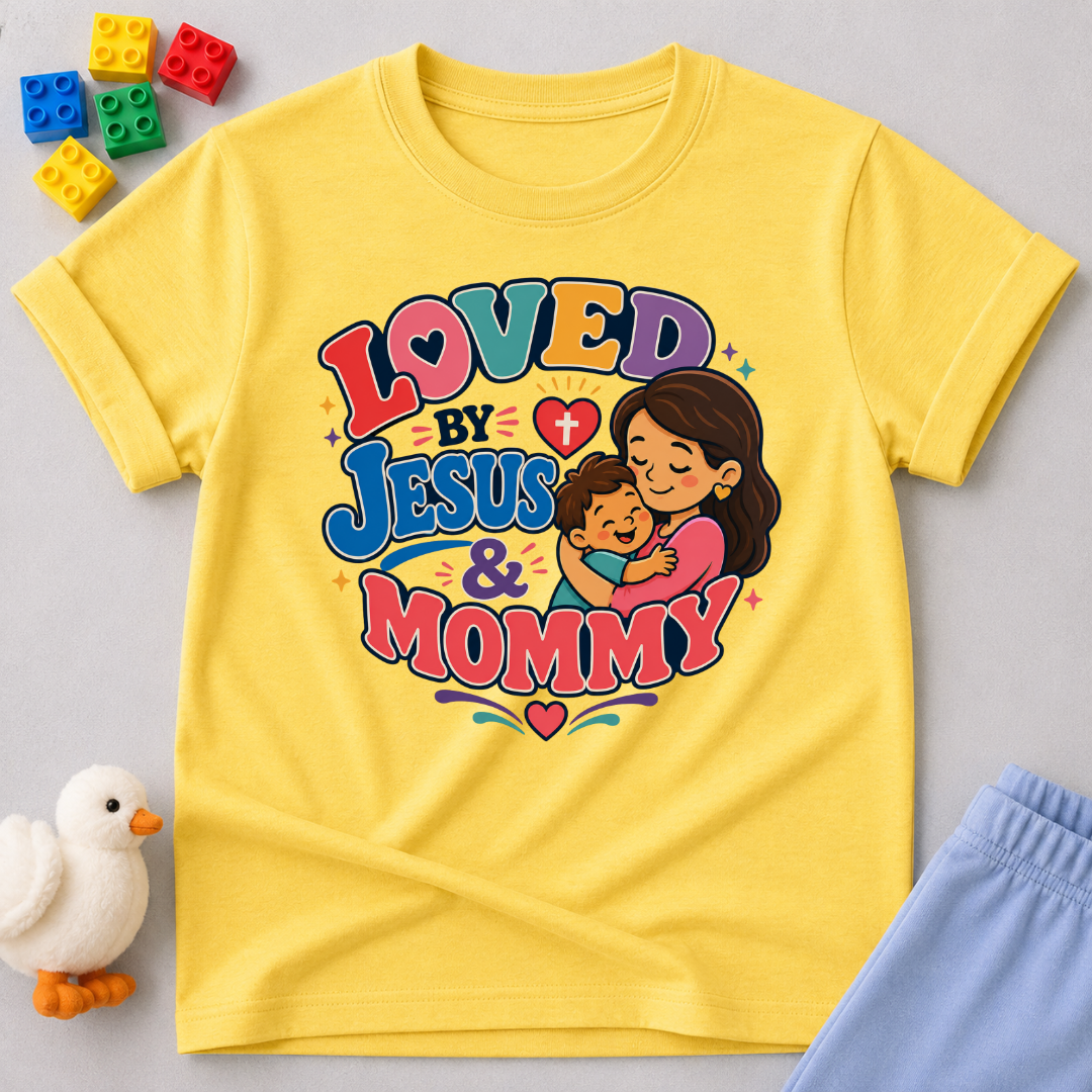 Loved by Jesus & Mommy Christian kids shirt in yellow featuring a mother hugging her child with a faith-filled design