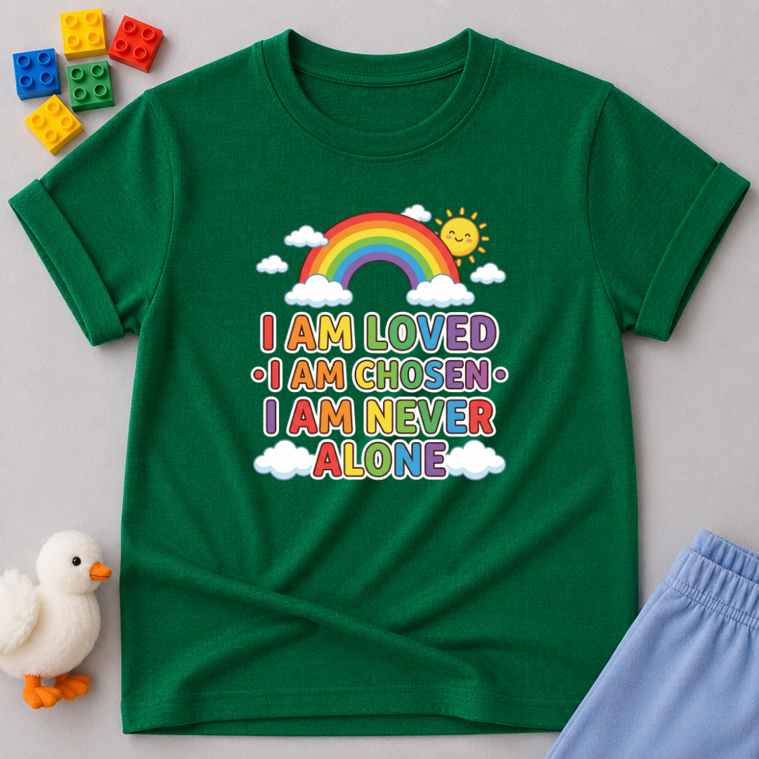 Loved Chosen And Never Alone Christian kids shirt in Green featuring rainbow artwork and faith affirmations