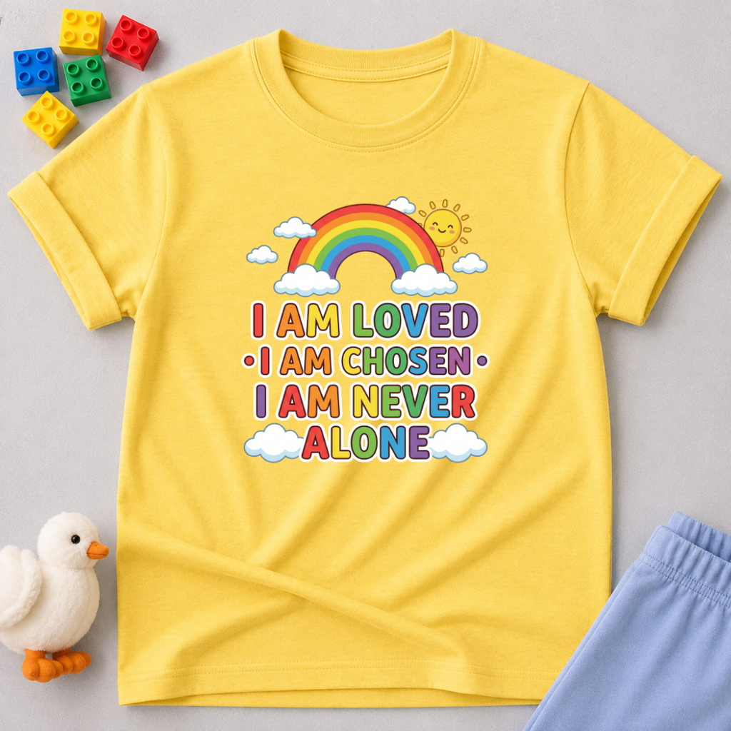 Loved Chosen And Never Alone Christian kids shirt in Yellow featuring rainbow artwork and faith affirmations