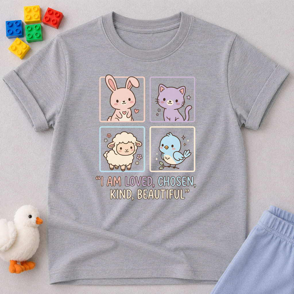 Loved Chosen Kind And Beautiful Christian kids shirt in Gray with cute animal illustrations and faith affirmations