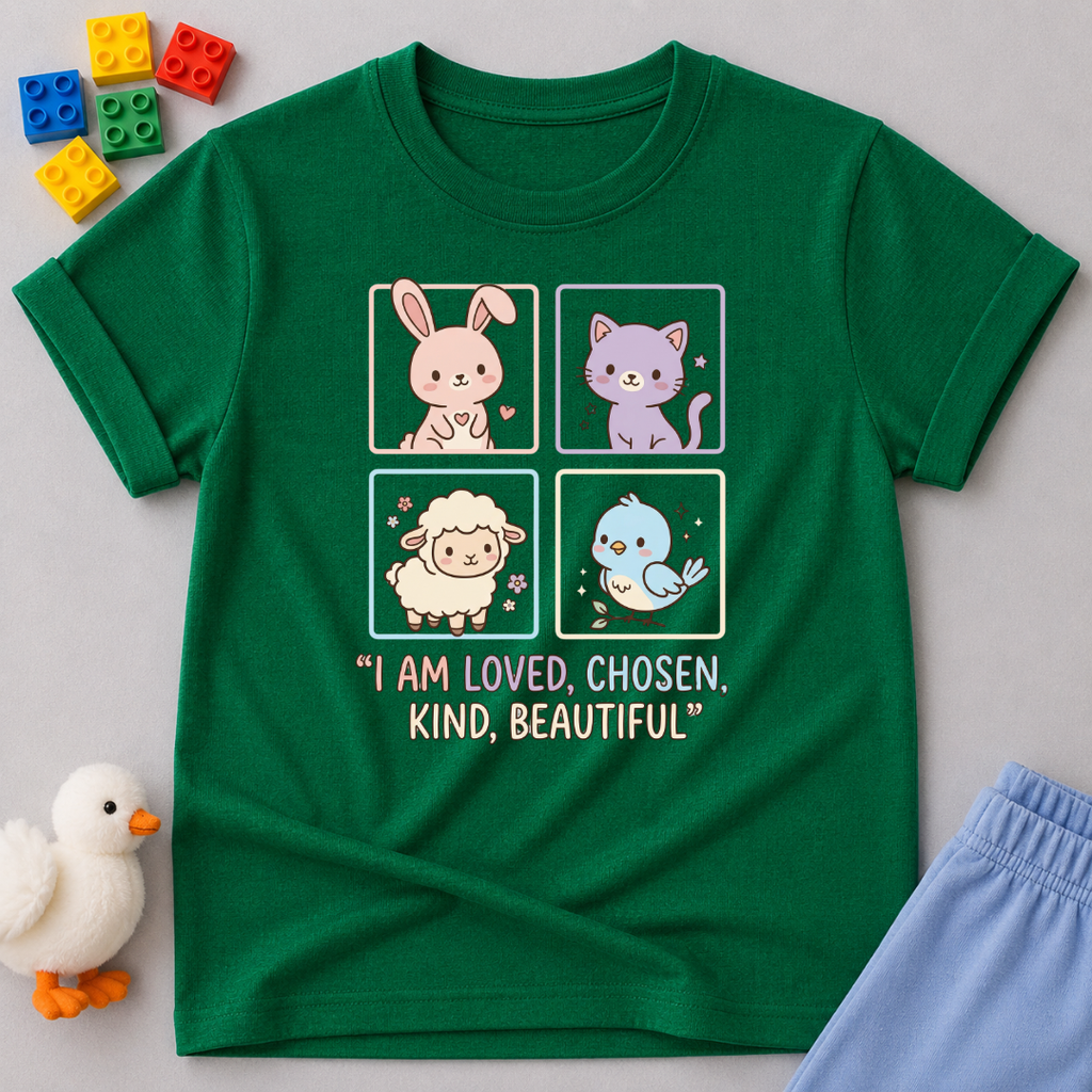 Loved Chosen Kind And Beautiful Christian kids shirt in Green with cute animal illustrations and faith affirmations