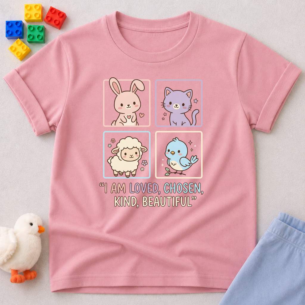 Loved Chosen Kind And Beautiful Christian kids shirt in Pink with cute animal illustrations and faith affirmations