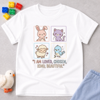 Loved Chosen Kind And Beautiful Christian kids shirt in White with cute animal illustrations and faith affirmations