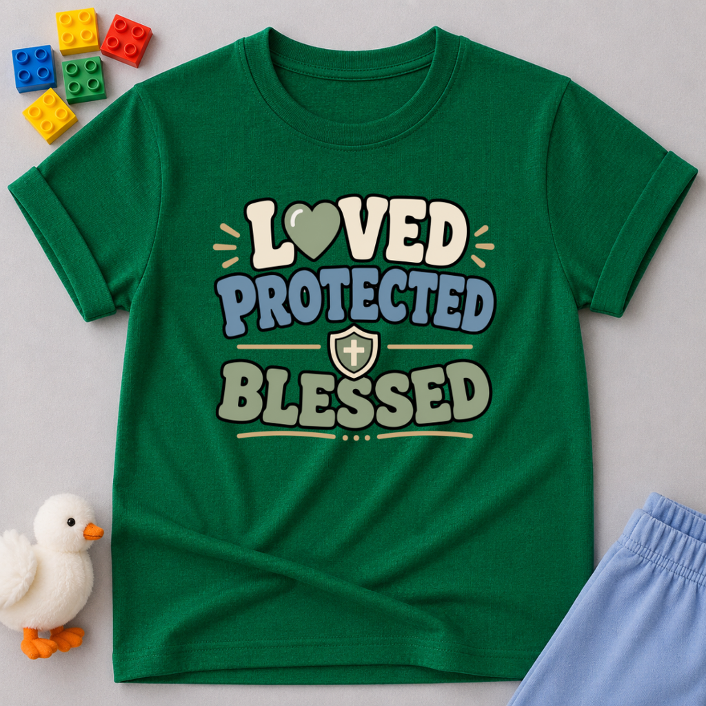 Loved Protected Blessed Shirt Christian kids shirt in green featuring faith-inspired typography and encouraging message
