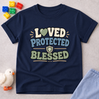 Loved Protected Blessed Shirt Christian kids shirt in navy featuring faith-inspired typography and encouraging message
