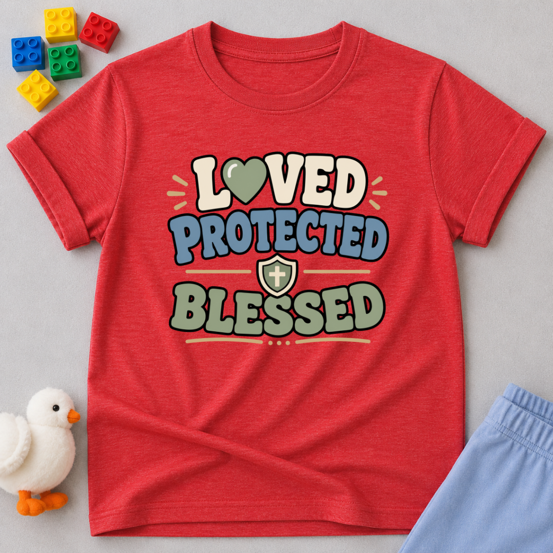 Loved Protected Blessed Shirt Christian kids shirt in red featuring faith-inspired typography and encouraging message
