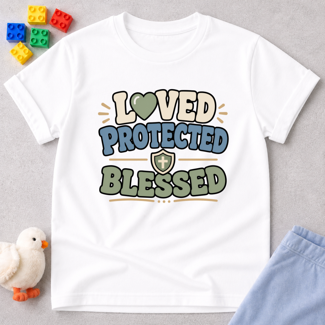 Loved Protected Blessed Shirt Christian kids shirt in white featuring faith-inspired typography and encouraging message
