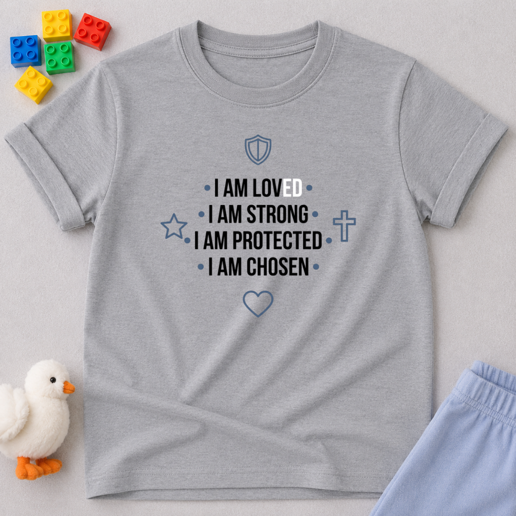 Loved Strong Protected And Chosen Christian kids shirt in Gray featuring biblical identity affirmations