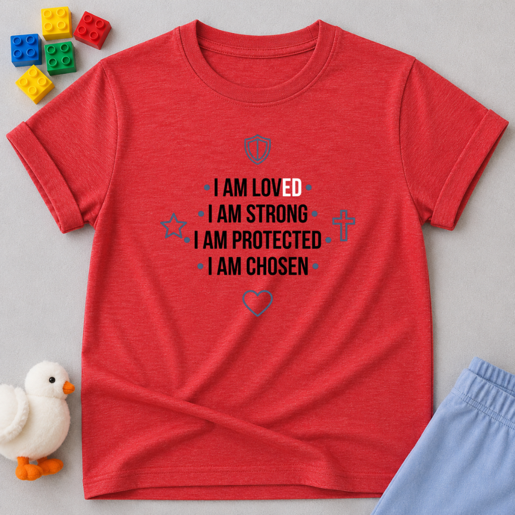 Loved Strong Protected And Chosen Christian kids shirt in Red featuring biblical identity affirmations