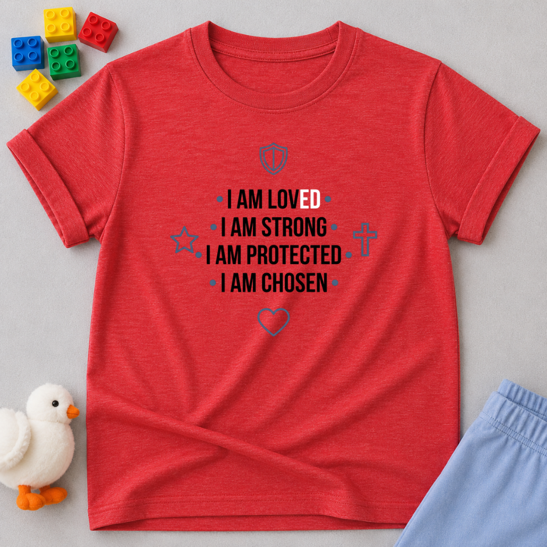 Loved Strong Protected And Chosen Christian kids shirt in Red featuring biblical identity affirmations