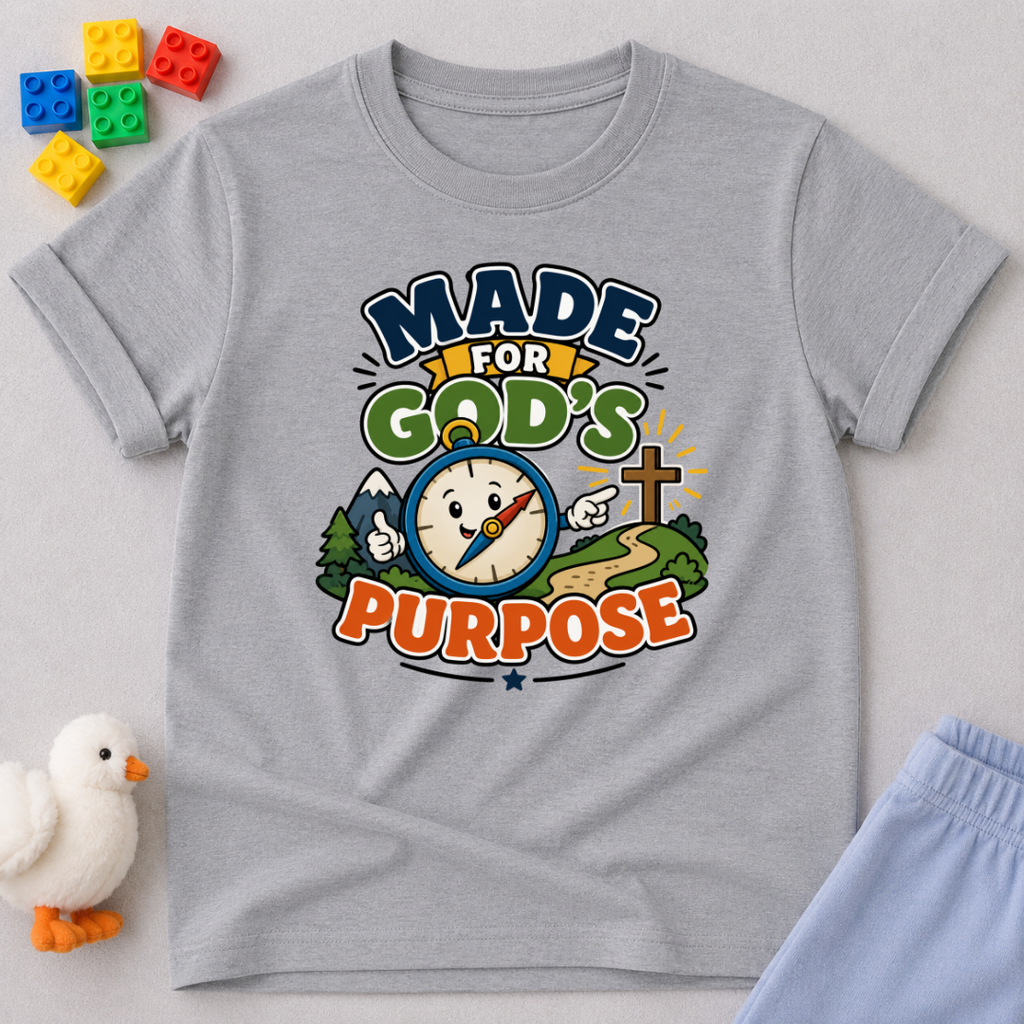 Made for God's Purpose Christian kids shirt in gray featuring a compass with faith-inspired artwork
