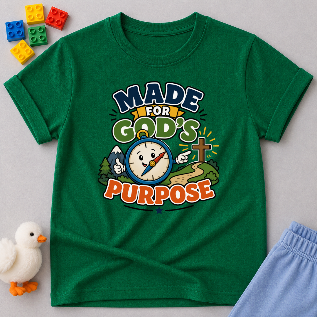 Made for God's Purpose Christian kids shirt in green featuring a compass with faith-inspired artwork
