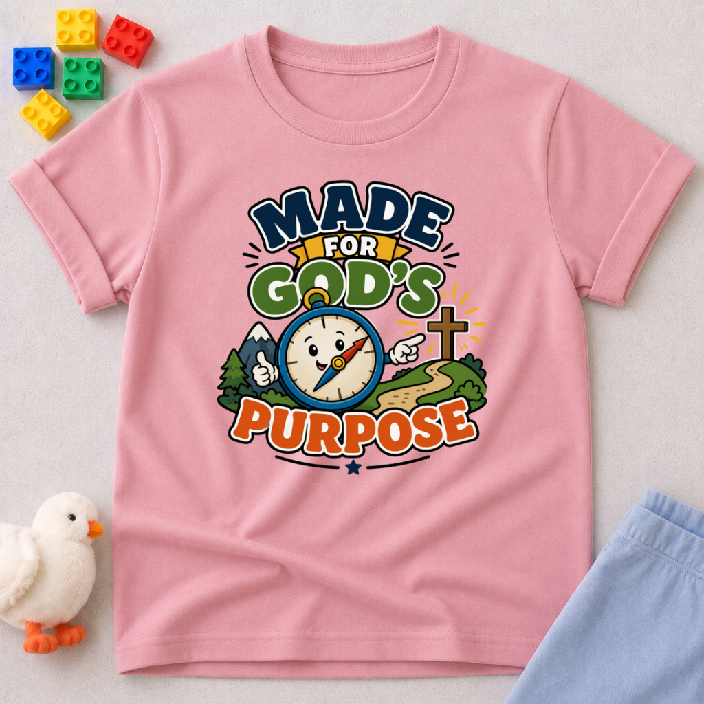 Made for God's Purpose Christian kids shirt in pink featuring a compass with faith-inspired artwork
