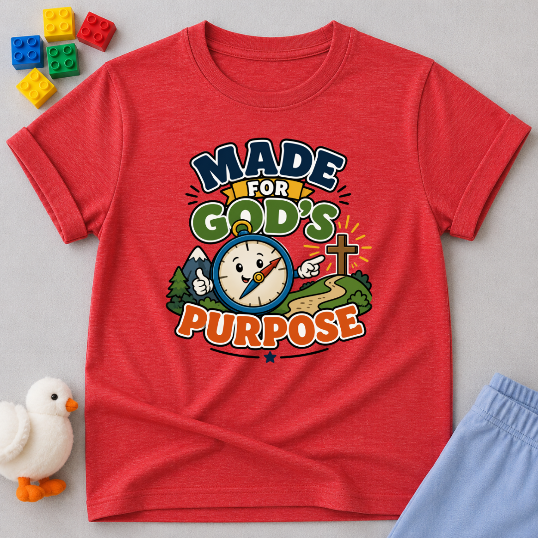 Made for God's Purpose Christian kids shirt in red featuring a compass with faith-inspired artwork
