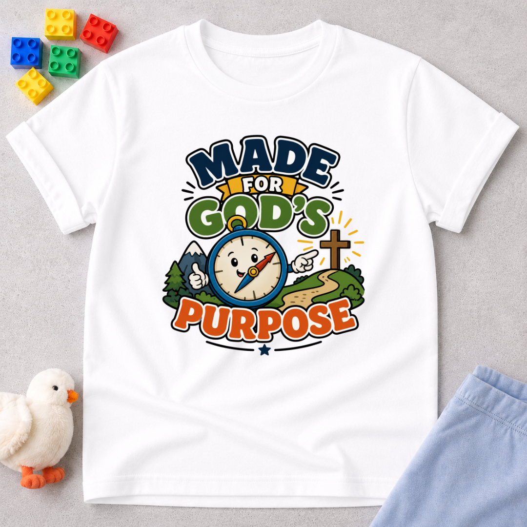 Made for God's Purpose Christian kids shirt in white featuring a compass with faith-inspired artwork
