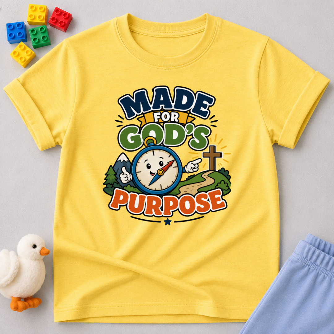 Made for God's Purpose Christian kids shirt in yellow featuring a compass with faith-inspired artwork
