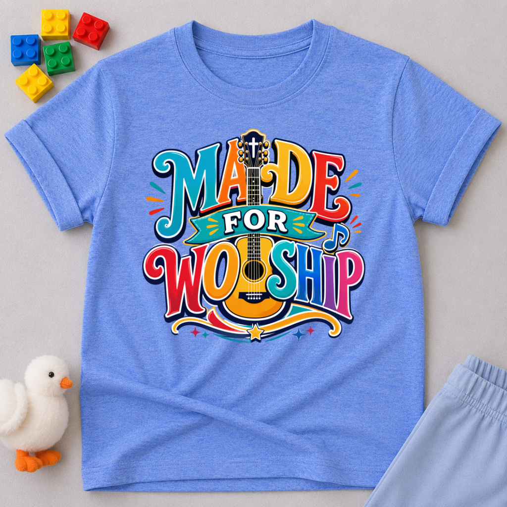 Made for Worship Guitar Christian kids shirt in blue featuring colorful guitar artwork
