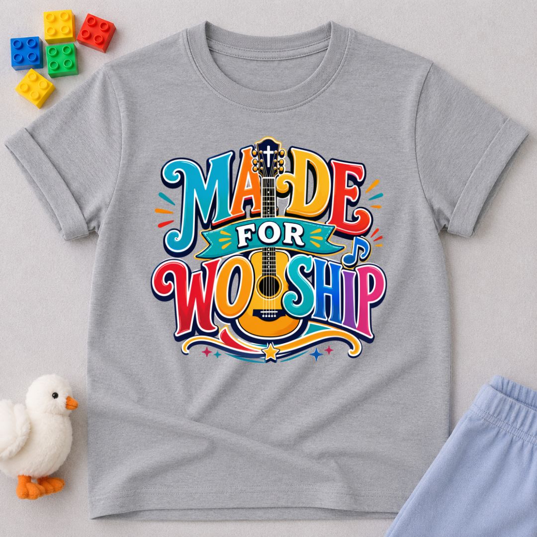 Made for Worship Guitar Christian kids shirt in gray featuring colorful guitar artwork
