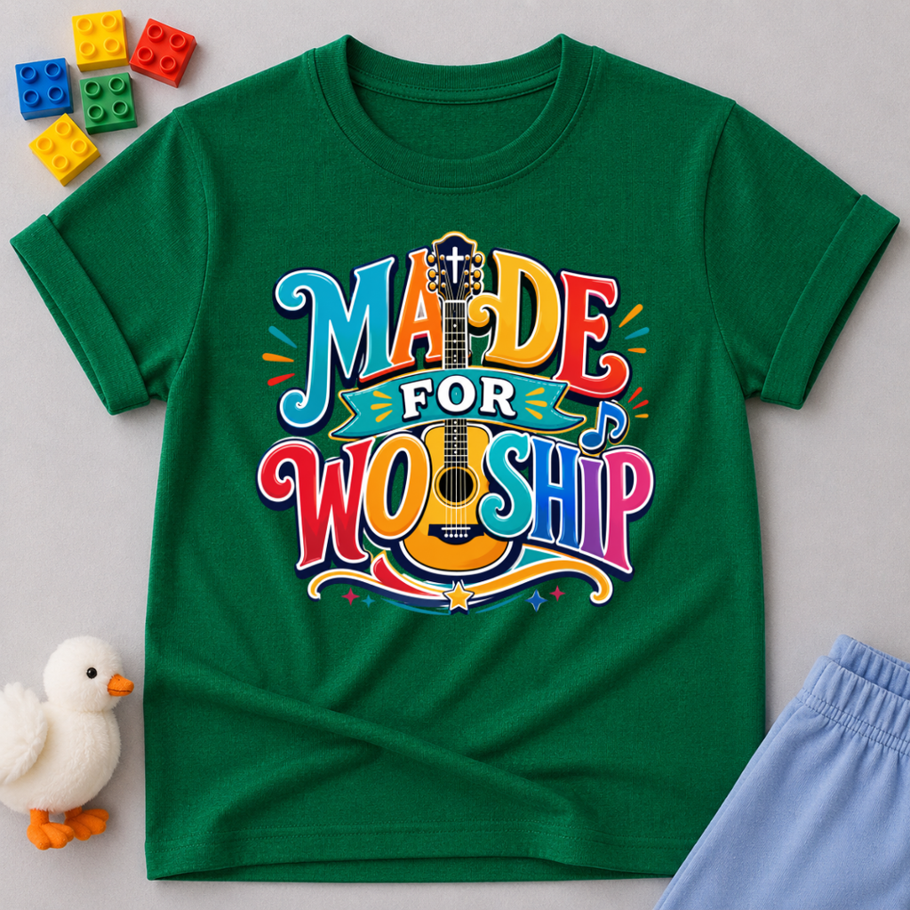 Made for Worship Guitar Christian kids shirt in green featuring colorful guitar artwork
