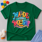 Made for Worship Guitar Christian kids shirt in green featuring colorful guitar artwork
