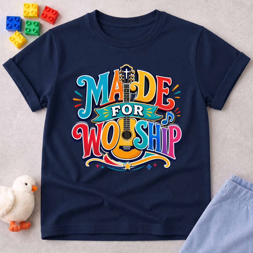 Made for Worship Guitar Christian kids shirt in navy featuring colorful guitar artwork
