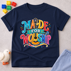 Made for Worship Guitar Christian kids shirt in navy featuring colorful guitar artwork
