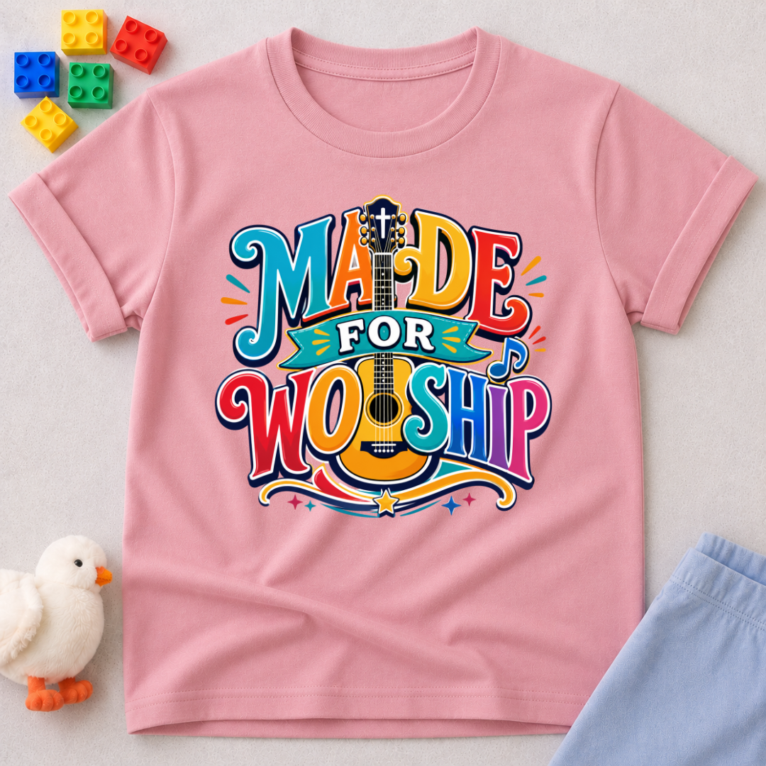 Made for Worship Guitar Christian kids shirt in pink featuring colorful guitar artwork
