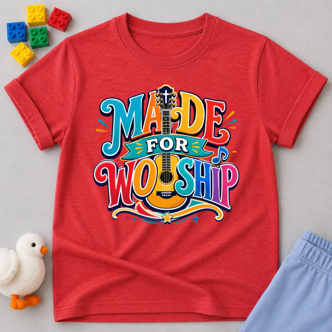 Made for Worship Guitar Christian kids shirt in red featuring colorful guitar artwork
