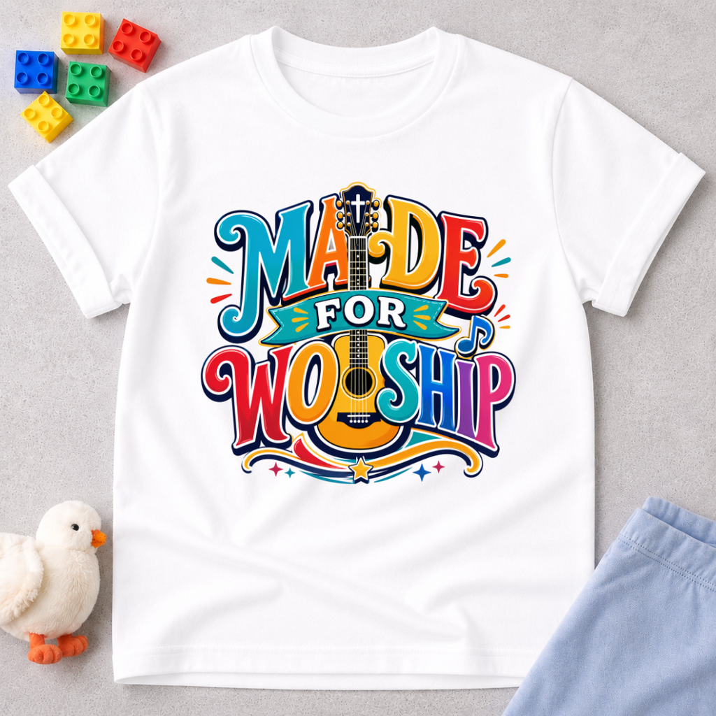Made for Worship Guitar Christian kids shirt in white featuring colorful guitar artwork
