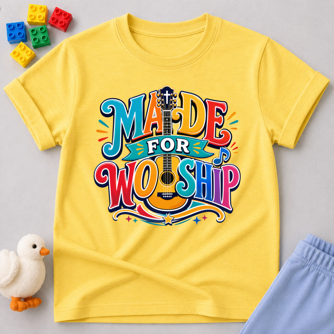Made for Worship Guitar Christian kids shirt in yellow featuring colorful guitar artwork
