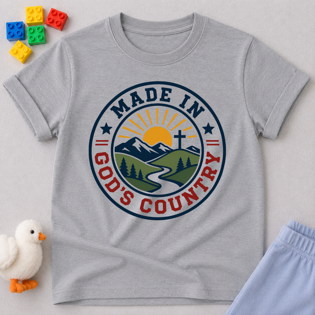 Made in God's Country Shirt Christian kids shirt in gray featuring mountains, a cross, and patriotic artwork
