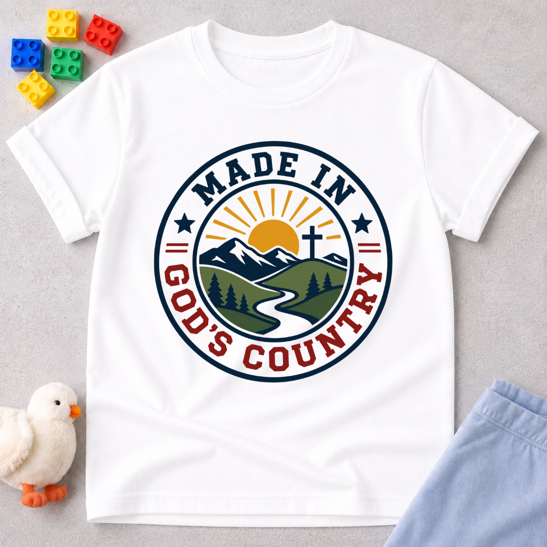 Made in God's Country Shirt Christian kids shirt in white featuring mountains, a cross, and patriotic artwork
