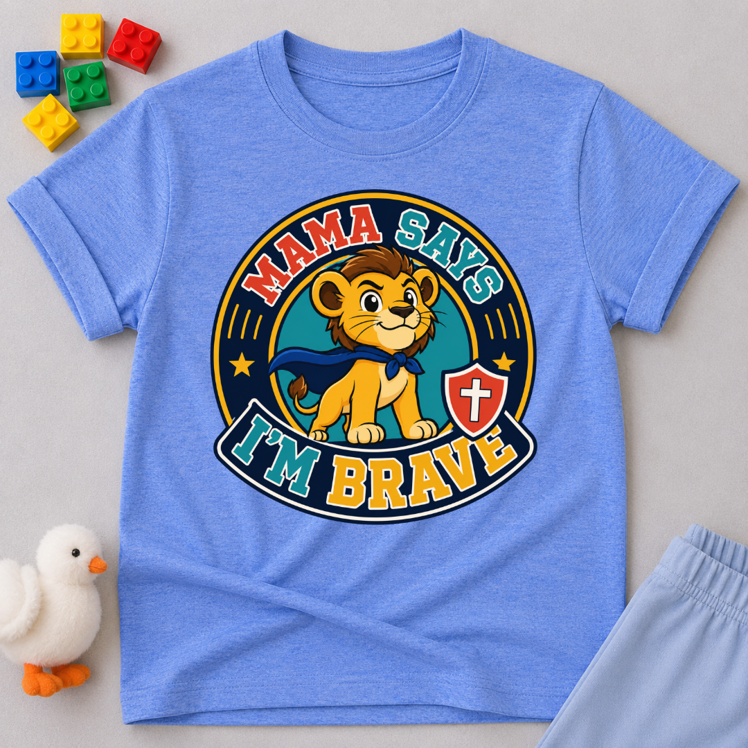 Mama Says I'm Brave Lion Christian kids shirt in blue featuring a brave lion with a shield
