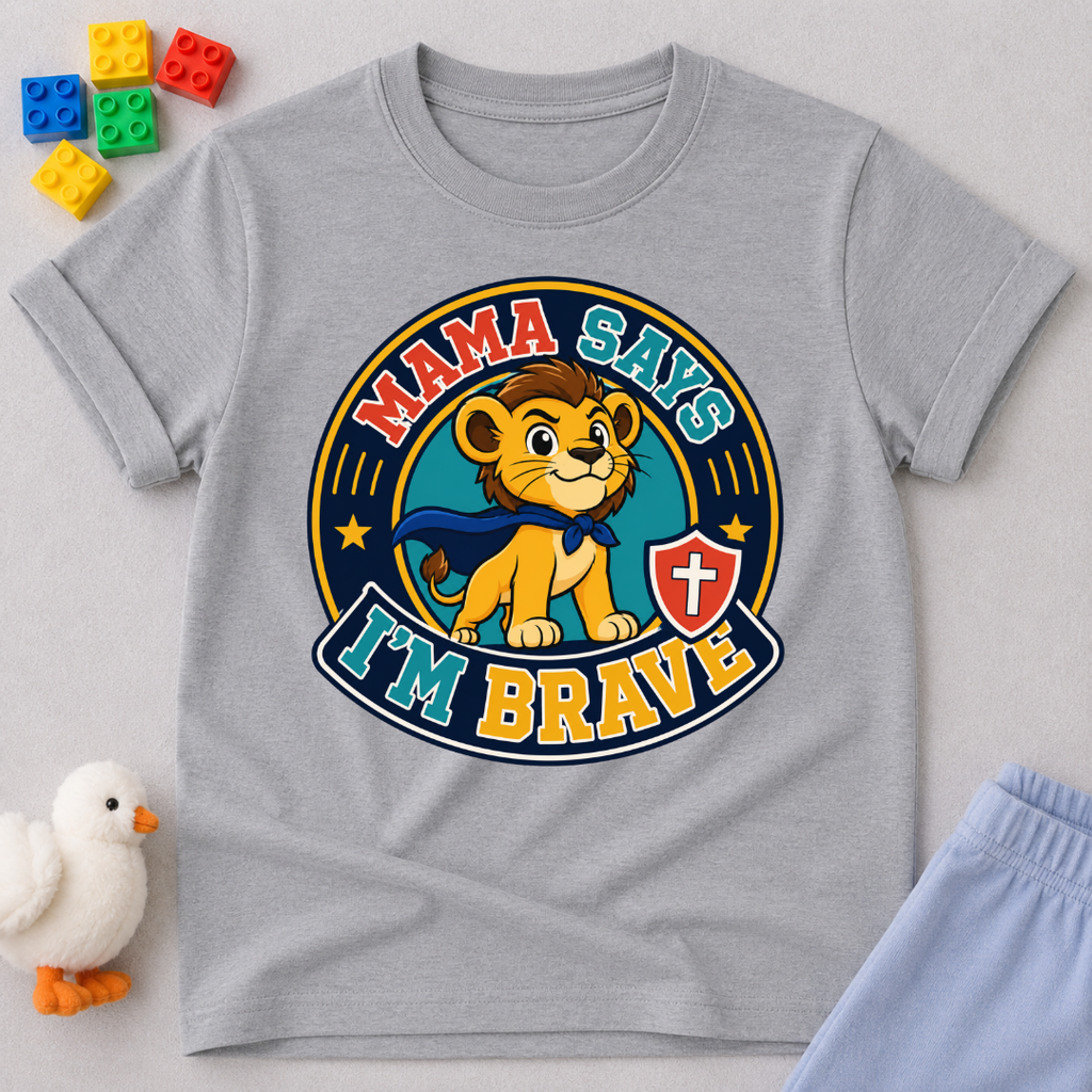 Mama Says I'm Brave Lion Christian kids shirt in gray featuring a brave lion with a shield
