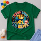 Mama Says I'm Brave Lion Christian kids shirt in green featuring a brave lion with a shield
