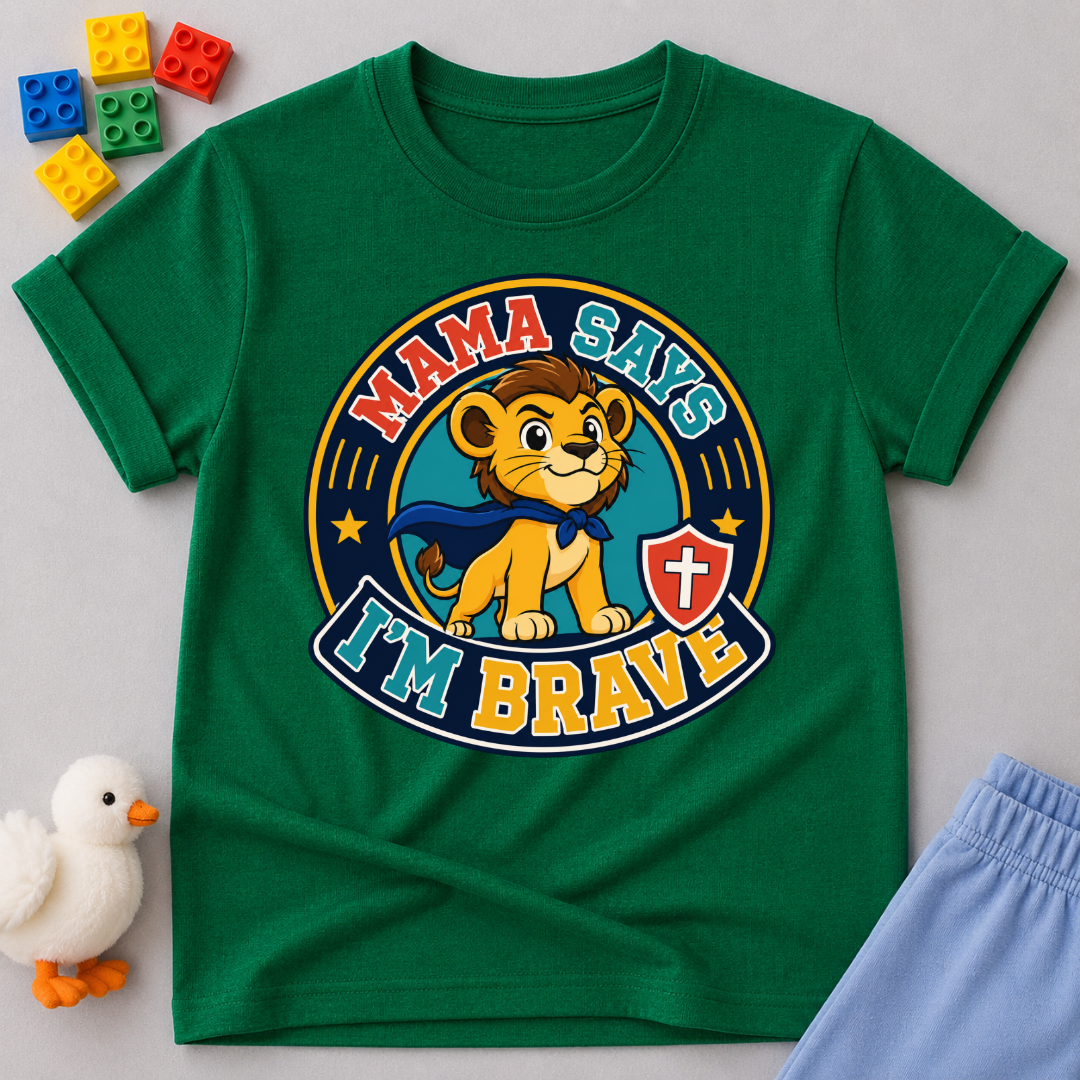 Mama Says I'm Brave Lion Christian kids shirt in green featuring a brave lion with a shield
