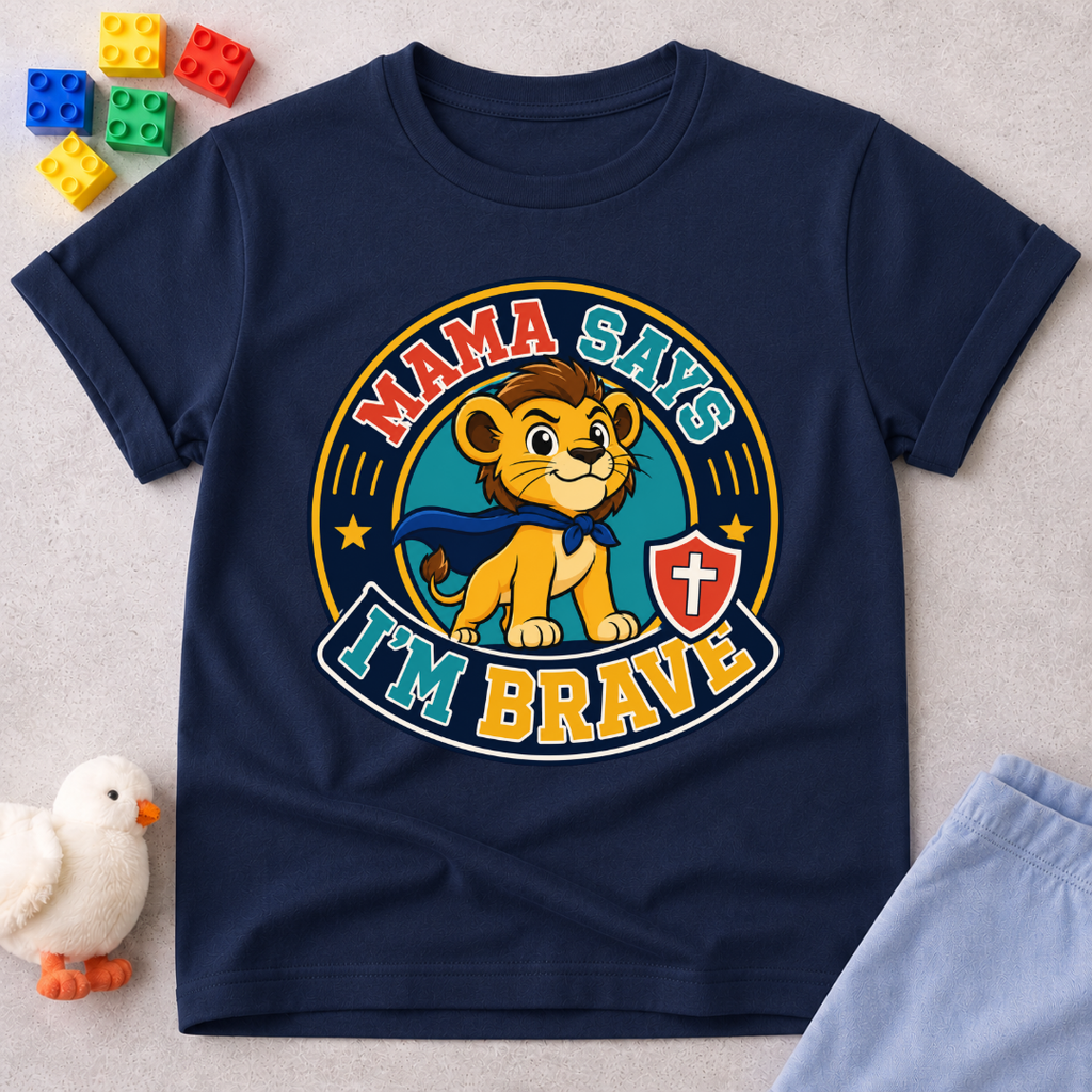 Mama Says I'm Brave Lion Christian kids shirt in navy featuring a brave lion with a shield
