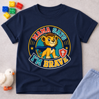 Mama Says I'm Brave Lion Christian kids shirt in navy featuring a brave lion with a shield
